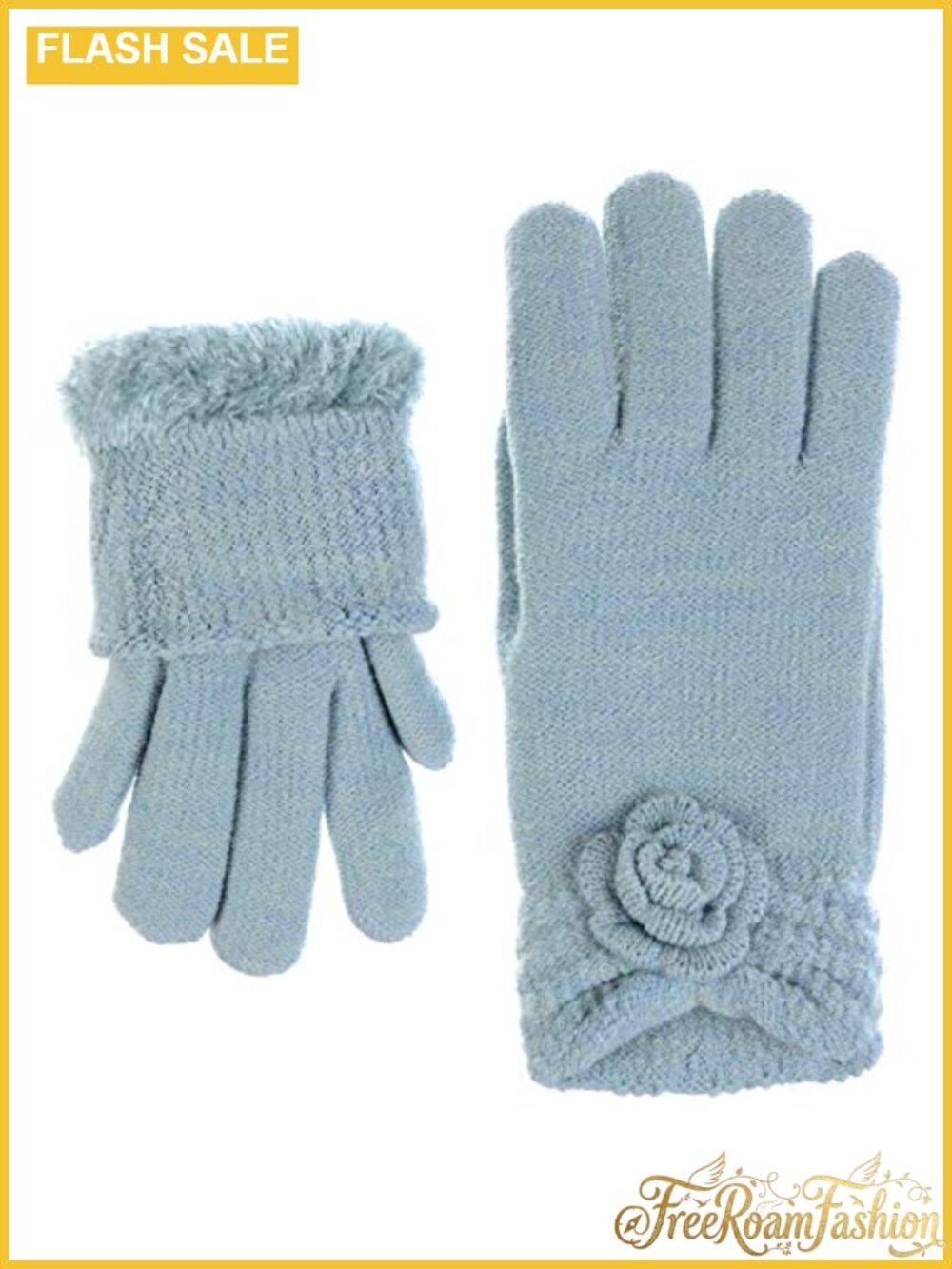 Faux Fur Fleece Lined Knit Winter Gloves Flower Cuff Warm - Picture 4 of 6